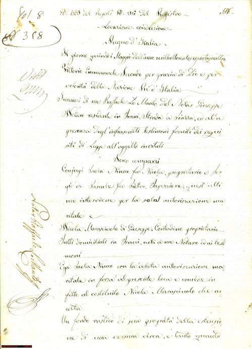 Documento originale, autentico 1864 TRANI BT Paola NINNO affitta fondo con melograni a Nicola MARASCIUOLO 1