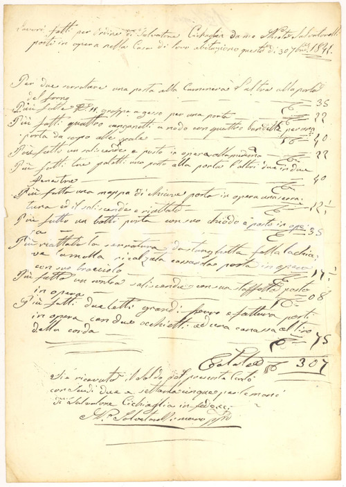 Documento originale, autentico 1844 SPOLETO PG Conto del fabbro Nicola SALVATORELLI per Salvatore CICAGLIA 1