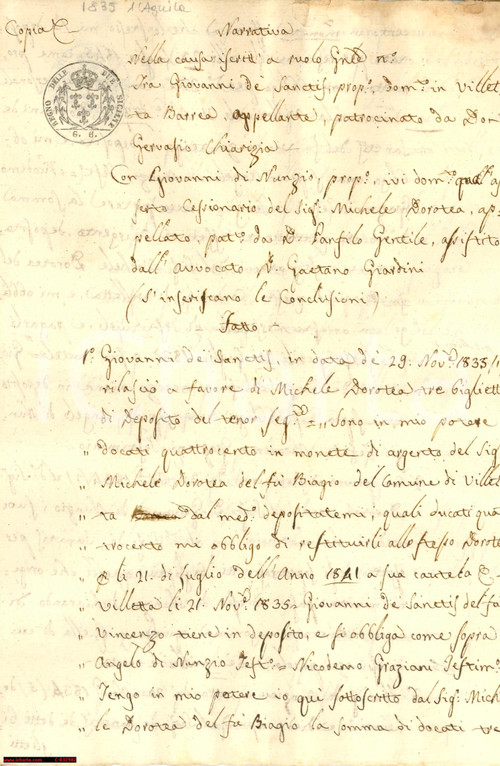 Documento originale, autentico 1835 VILLETTA BARREA (AQ) calcolo alimenti a un vecchio 1