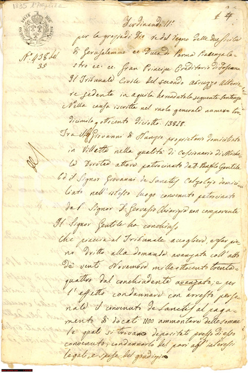 Documento originale, autentico 1835 VILLETTA BARREA (AQ) Diatriba DI SANZIO DE SANCTIS 1