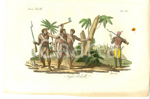 Stampa, bozzetto originale 1830 AMERICA Negri ribelli Inc. NASI Colorata a mano 1