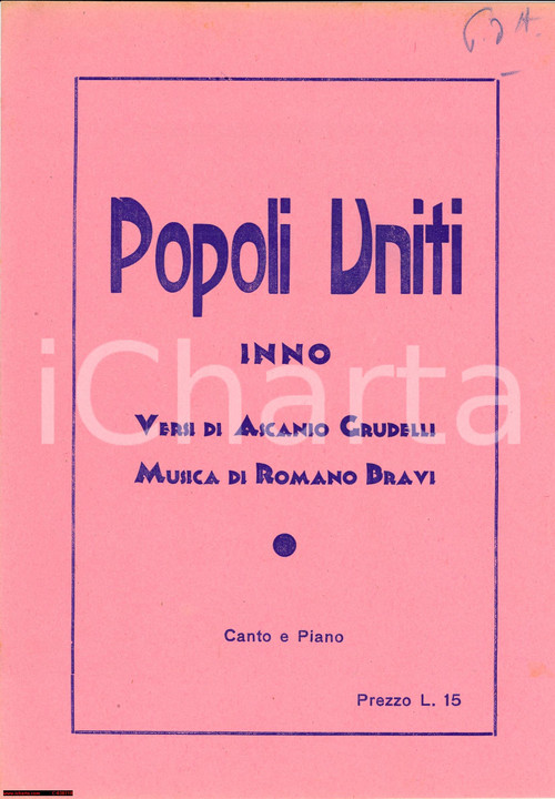 Oggetto da collezione cartaceo 1944 Popoli Uniti, Inno Bravi e Grudelli *Spartito 1