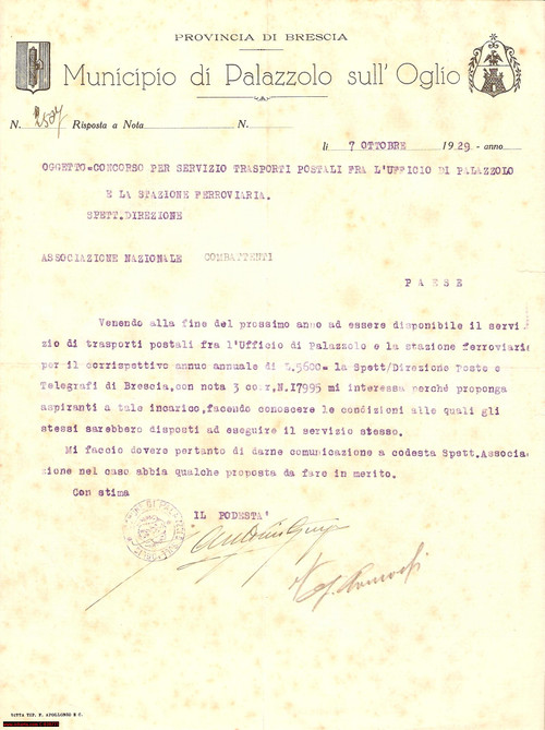 Documento originale, autentico 1929 PALAZZOLO SULL'OGLIO BS Nuovo servizio trasporti postali stazione ferrovie 1