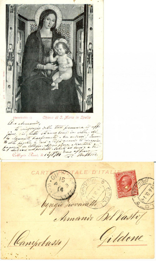 Autografo originale 1914 SPELLO Collegio ROSI Cartolina rettore Carmine GIOIA ad Armando DEL VASTO 1
