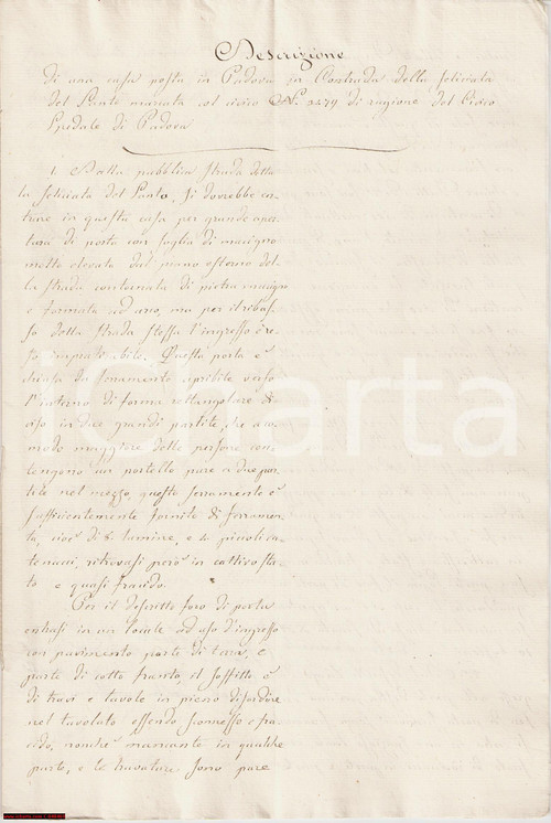 Documento originale, autentico 1830 ca PADOVA Casa fatiscente in Via del SANTO 8 pp 1