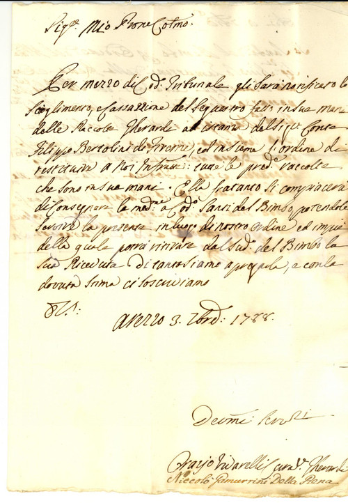 Manoscritto, lettera originale 1788 AREZZO Filippo BERTOLINI chiede sequestro GHERARDI 1