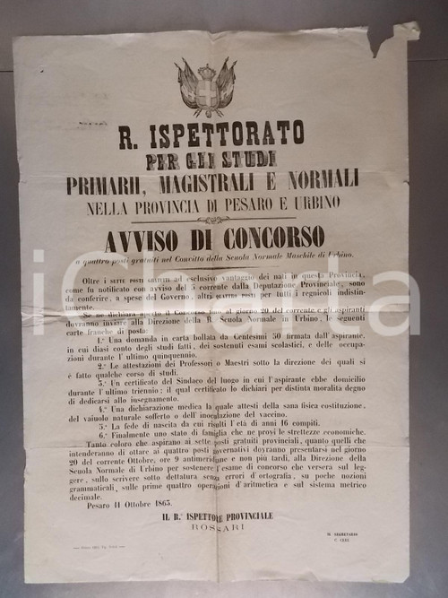 Documento originale, autentico 1863 URBINO Concorso Scuola Normale Maschile  posti gratuiti Manifesto 1