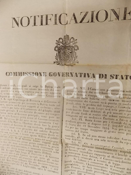 Documento originale, autentico 1849 STATO PONTIFICIO Miglioramento dell esazione della Dativa Reale Manifesto 1