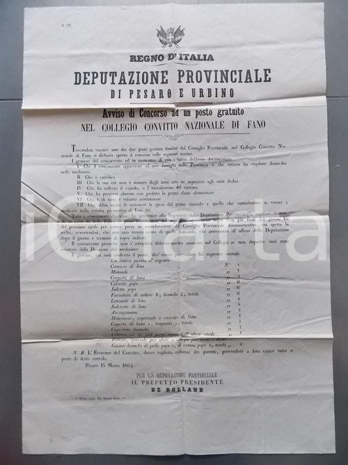Documento originale, autentico 1864 FANO Concorso COLLEGIO CONVITTO per un posto gratuito Manifesto 1