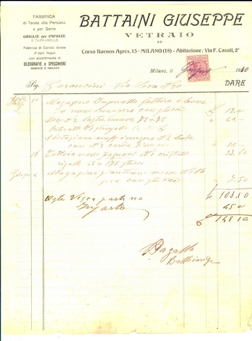 Documento originale, autentico 1930 MILANO Corso Buenos Aires  Giuseppe BATTAINI vetraio Fattura intestata 1