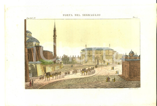 Stampa, bozzetto originale 1830 ca FERRARIO COSTUME EUROPEO ISTANBUL Porta del serraglio Inc. VERICO 1