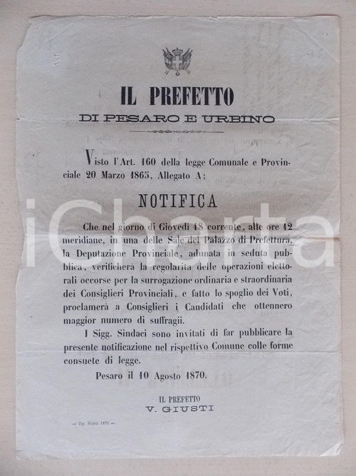 Documento originale, autentico 1870 PESARO Nomina dei nuovi consiglieri provinciali Manifesto 30x40 cm 1