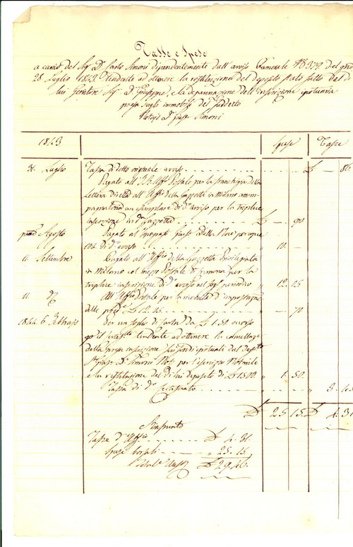 Documento originale, autentico 1843 CREMONA Imposizioni e spese a carico di Carlo SIMONI Manoscritto 1
