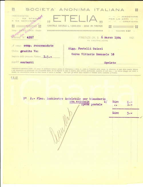 Documento originale, autentico 1924 FIRENZE SocietÃ  anonima italiana ETELIA Inchiostri da stampa Fattura 1