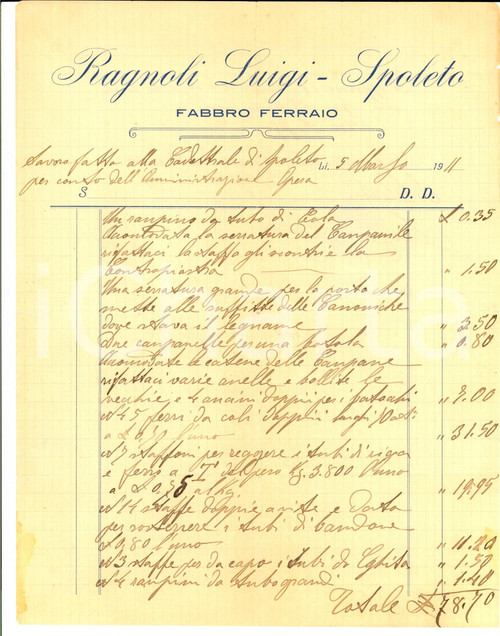 Documento originale, autentico 1911 SPOLETO Luigi RAGNOLI Fabbro ferraio Fattura per serrature e campanelli 1