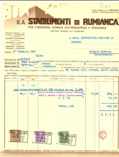 Documento originale, autentico 1941 TORINO Stabilimenti di RUMIANCA per l industria chimica Fattura arsenicato 1