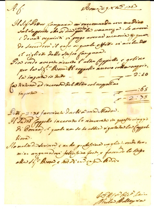 Manoscritto, lettera originale 1767 ROMA Nicola PELLEGRINI sulla tintura e inceratura di un cappello Lettera 1