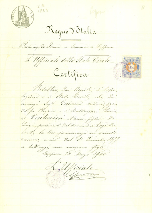 Documento originale, autentico 1900 COPPARO FE Andrea GAIANI e Maria VENTURINI non hanno figli Documento 1