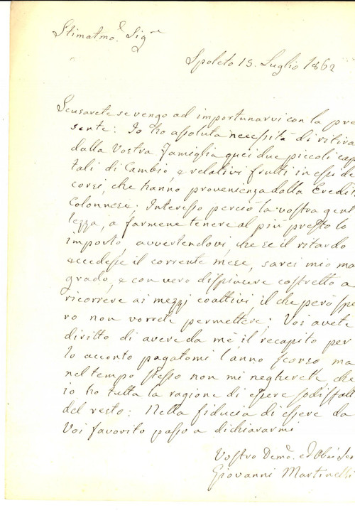 Manoscritto, lettera originale 1862 SPOLETO PG Giovanni MARTINELLI chiede i capitali dell ereditÃ  COLONNESI 1