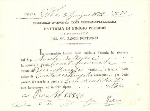 Documento originale, autentico 1889 TAVARNELLE VAL DI PESA Fattoria POGGIO PETROIO Zanobi fortunati Ricevuta 1