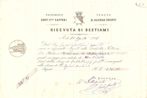 Documento originale, autentico 1886 GREVE DI CHIANTI FI Tenuta CALCINAIA Conti FRATELLI CAPPONI Ricevuta 1