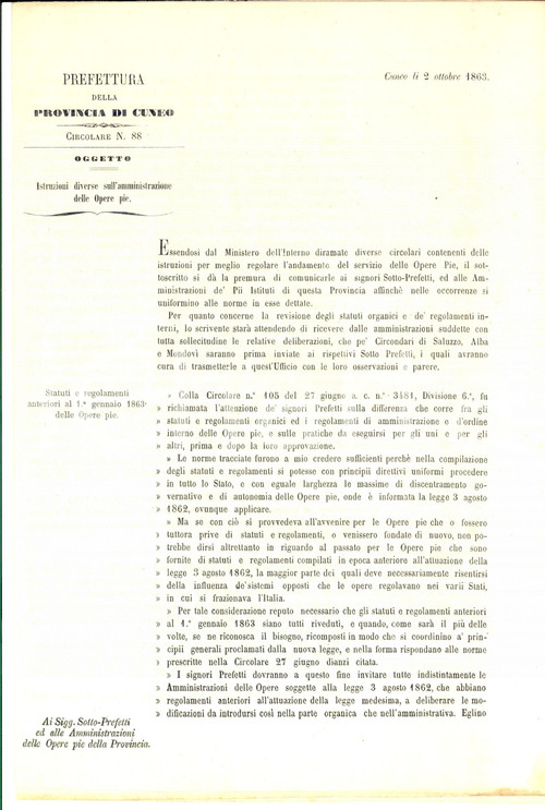 Documento originale, autentico 1863 PROVINCIA DI CUNEO Istruzioni sull amministrazione di Opere Pie Circolare 1