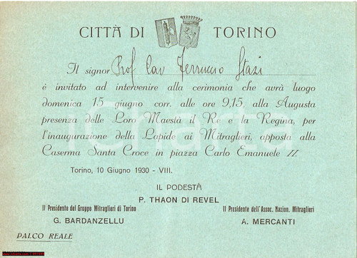 Documento originale, autentico 1930 TORINO Cerimonia Lapide MITRAGLIERI Thaon di Revel 1