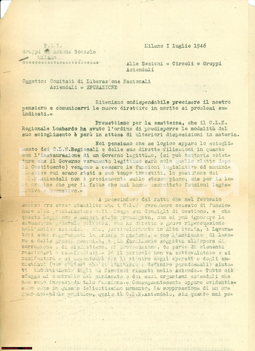 Documento originale, autentico 1946 MILANO Epurazioni Comitati LIBERAZIONE aziendali 1