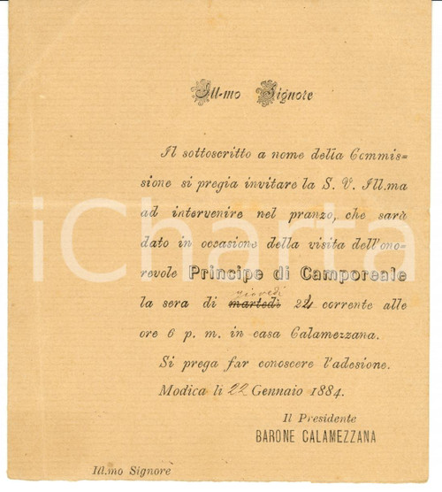 Documento originale, autentico 1884 MODICA RG Pranzo d onore barone CALAMEZZANA 1