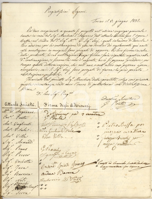 Documento originale, autentico 1832 TORINO TEATRO GIANDUJA Statuto SocietÃ  Opera Buffa  RARO 1