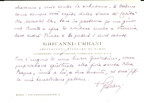 Autografo originale 1952 ROMA Mons. Giovanni URBANI annuncia visita a Milano Autografo 1