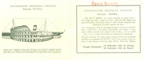 Materiale pubblicitario d’epoca 1926 NAVIGAZIONE ITALIANA Viaggio inaugurale piroscafo ROMA Illustrato 1