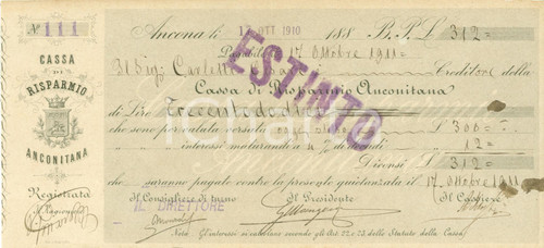 Oggetto da collezione cartaceo 1910 ANCONA Cesare CARLETTI creditore Cassa Risparmio Anconitana Cambiale 1