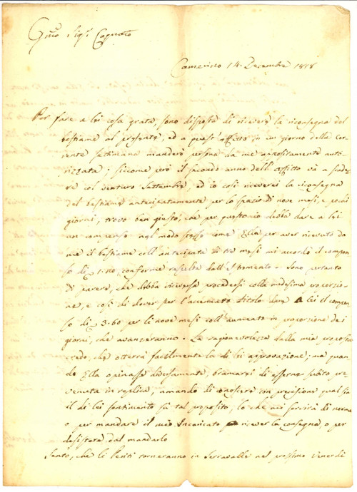 Manoscritto, lettera originale 1818 CAMERINO MC Angela VOGLIA CHERUBINI chiede la riconsegna del bestiame 1