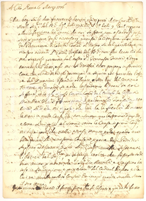 Manoscritto, lettera originale 1776 ROMA Pietro TADDEI sugli sviluppi di una causa per castrati macellati 1