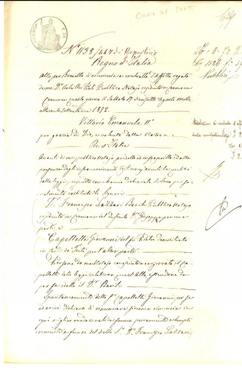1872 CORTE DE' FRATI Giovanni CAPELLETTI rinuncia a locazione podere con cascina Atto notarile d'epoca.CONDIZIONI: G    originale e autentica 1