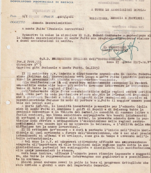 1927 OND BRESCIA Adunata escursionistica nazionale al monte FAITO *Lettera  CONDIZIONI: fair (fori marginali e piegature)     originale e autentica 1