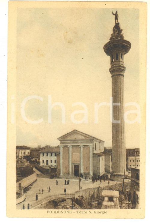 1930 PORDENONE Torre di SAN GIORGIO Panorama *Cartolina ANIMATA FP VG Cartolina postale d'epoca, viaggiata. POOR/danneggiato piegatura centrale; lievi macchie Formato: 14x9 cm originale e autentica 1
