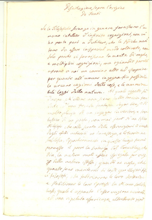 1780 ca ANONIMO Dissertazione sopra l'origine de' fonti *Manoscritto 12 pp.