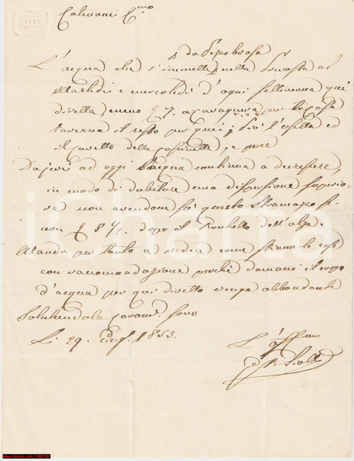 Documento originale, autentico 1853 SANTA CRISTINA (PV) Perdita acqua tenuta nobili LITTA VISCONTI 1