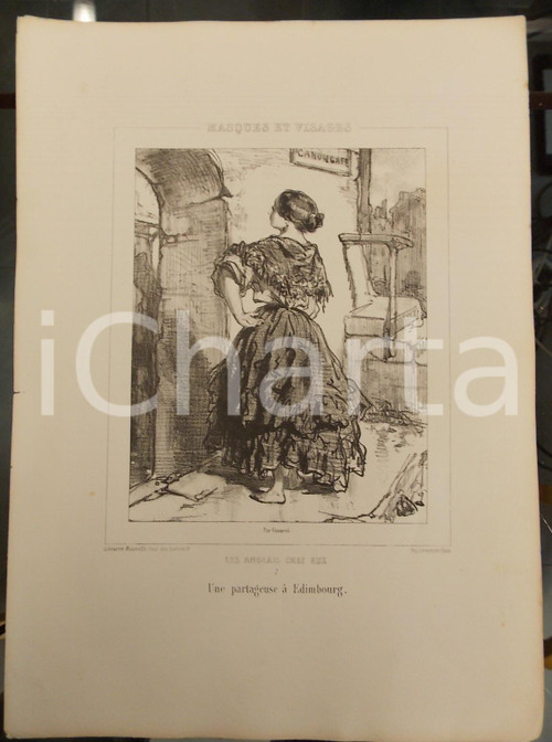 Stampa, bozzetto originale 1853 Paul GAVARNI Masques et visages - Les Anglais chez eux Tav. 7 Edimbourg 1