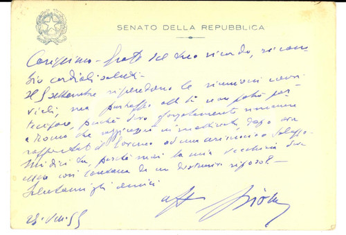 Autografo originale 1955 ROMA Senatore Giacomo PIOLA costretto a rimanere a Roma *Autografo 1