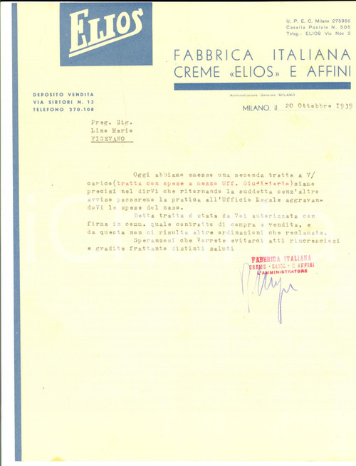 Documento originale, autentico 1939 MILANO Fabbrica Italiana CREME ELIOS e affini *Lettera commerciale 1