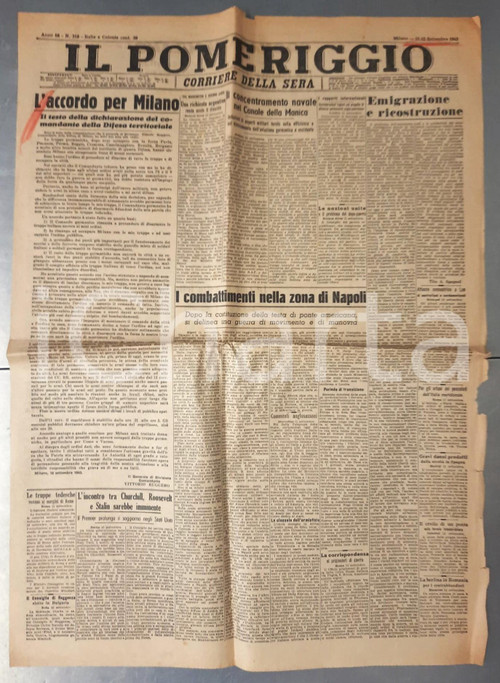 1943 WW2 CORRIERE DELLA SERA - IL POMERIGGIO Accordo per Milano *n° 218