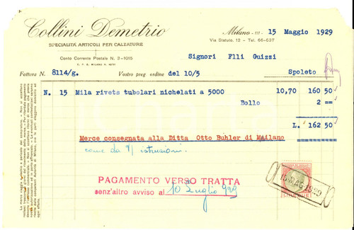 Documento originale, autentico 1929 MILANO Ditta Demetrio COLLINI articoli per calzature Fattura intestata 1