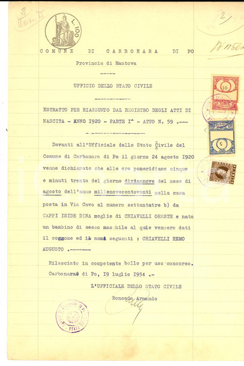 1954 CARBONARA DI PO (MN) Estratto atto di nascita Remo CHIAVELLI *Bolli