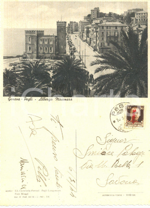 Cartolina originale da collezione 1944 SOVRASTAMPA RSI GENOVA L'Albergo MIRAMAREa Pegli *Cartolina ANIMATA FG VG 1