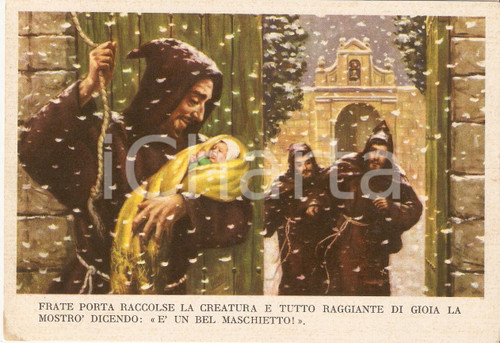 Cartolina originale da collezione 1955 ca MARCELLINO PANE E VINO ill. Dario Gobbi FRATI TROVANO NEONATO FG NV 1