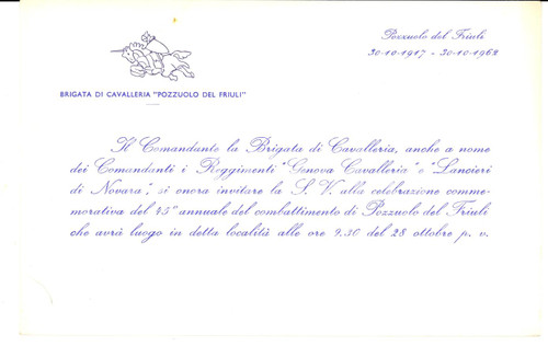 Oggetto da collezione cartaceo 1962 POZZUOLO DEL FRIULI (UD) Commemorazione Brigata di Cavalleria *Invito 1