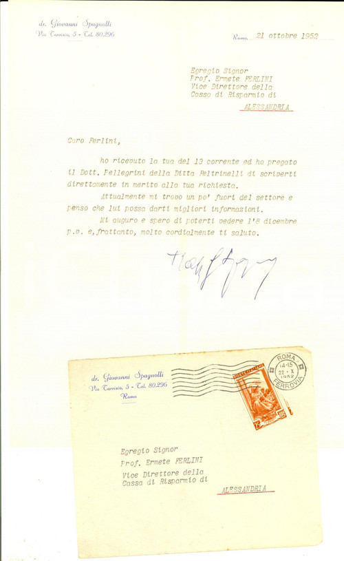 Autografo originale 1952 ROMA Lettera Giovanni SPAGNOLLI a Ermete FERLINI *AUTOGRAFO 1